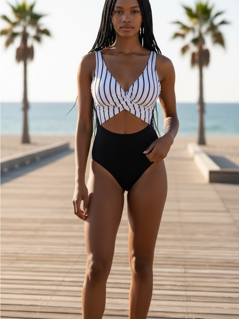 Cupshe Black & White Striped Cutout One-Piece Swimsuit